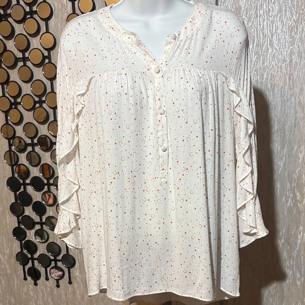 LC Lauren Conrad Cream western boho top with Terracotta & Gold Horseshoe print